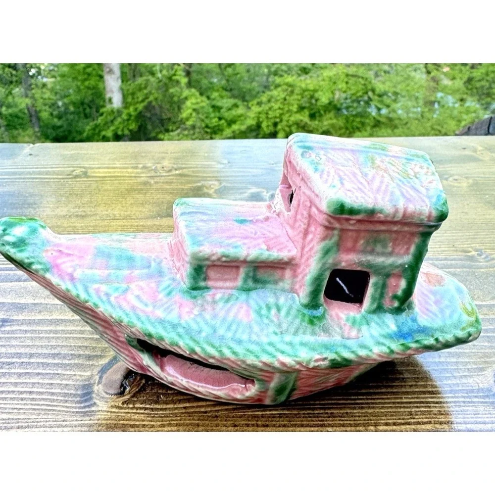 Vintage Hanaki Ceramic Tugboat Aquarium Ornament Fish Tank Boat Nautical Decor